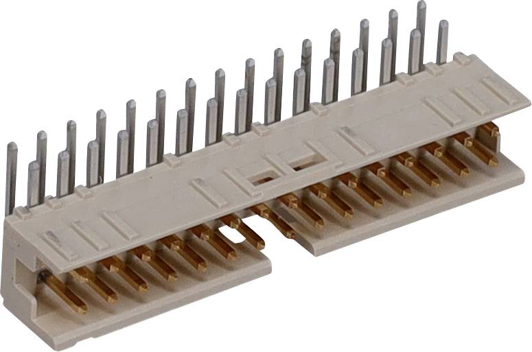 En beige, rektangulär elektronisk kontakt med flera silvermetallfärgade stift som sträcker sig uppåt och kopparfärgade kontakter nedanför, använd för kretskort.