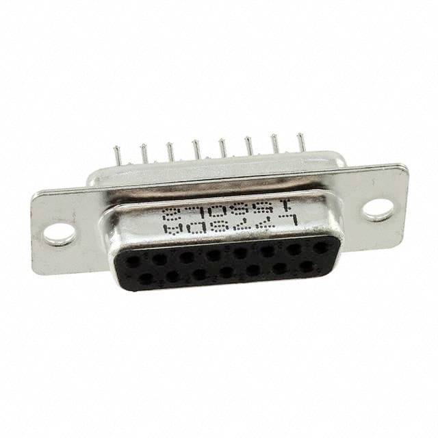 En D-Sub-kontakt med 15 stift, avbildad framifrån. Den har ett metallhölje och är avsedd för elektroniska anslutningar.