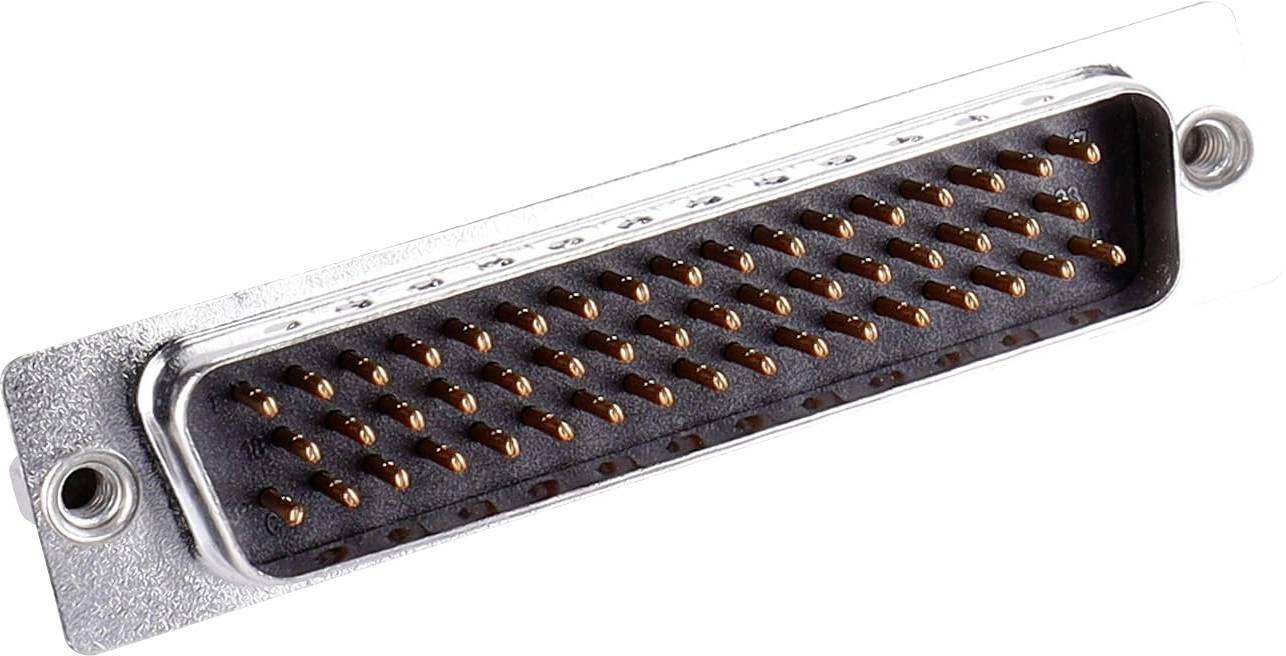 En rektangulär 62-stifts D-sub-kontakt med ett metallhölje, som visar flera kopparpinnar. Används för data- och elektriska anslutningar.