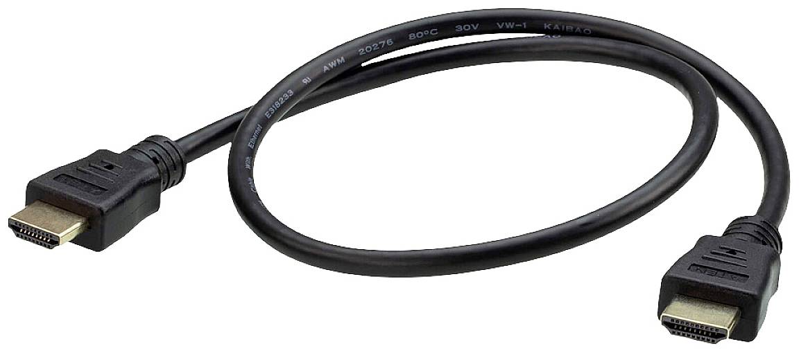 En svart HDMI-kabel med kontakter i båda ändar, lämplig för anslutning av audiovisuella enheter som datorer till TV-apparater.