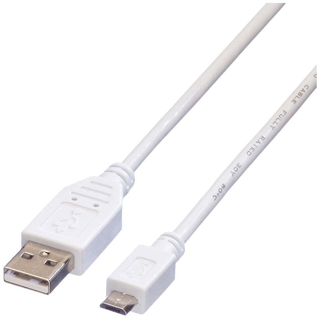 En vit USB-kabel med en standard USB-A-kontakt på ena änden och en Micro-USB-kontakt på den andra änden.
