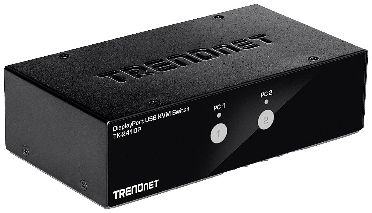 En svart KVM-switch från TRENDnet med två numrerade knappar för PC 1 och PC 2 på framsidan. Modell: TK-241 DP.