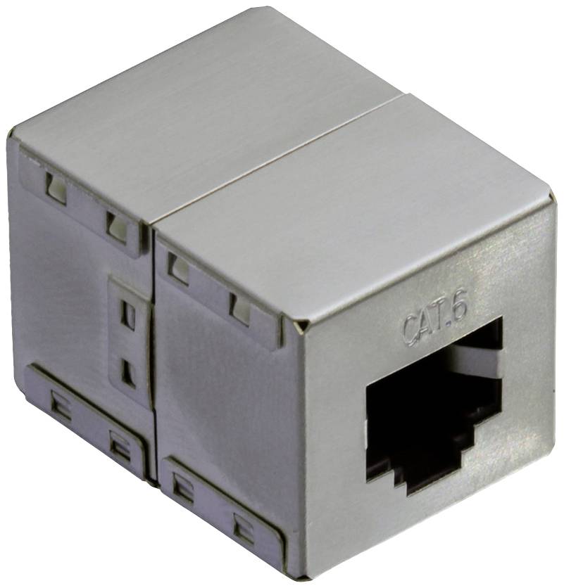 Metallfärgad CAT.5-nätverks-Ethernet-keystone-jack, rektangulär form, med standardiserad RJ45-kontakt på framsidan.