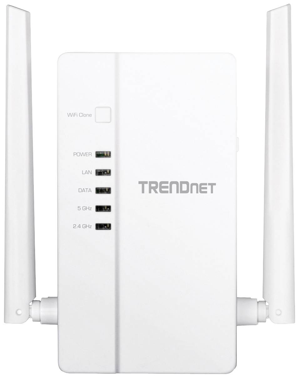 TRENDnet räckviddsförstärkare med två antenner och flera statuslampor på framsidan, inklusive 'STRÖM', 'LAN', 'DATA', '5 GHz', '2,4 GHz'.