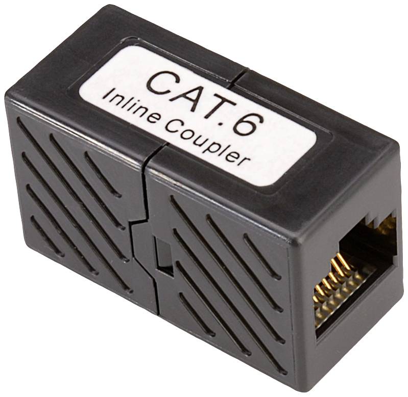 CAT.6 Inline-koppling, en svart adapter för Ethernet-kabelanslutningar, visar ett nätverksgränssnitt vid sidan.