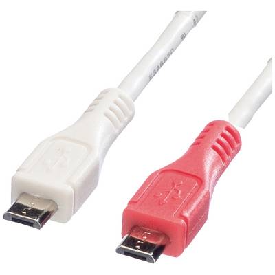 Två USB-kablar, vänster i vitt och höger i rött. Båda har en Micro-USB-kontakt som pekar framåt.