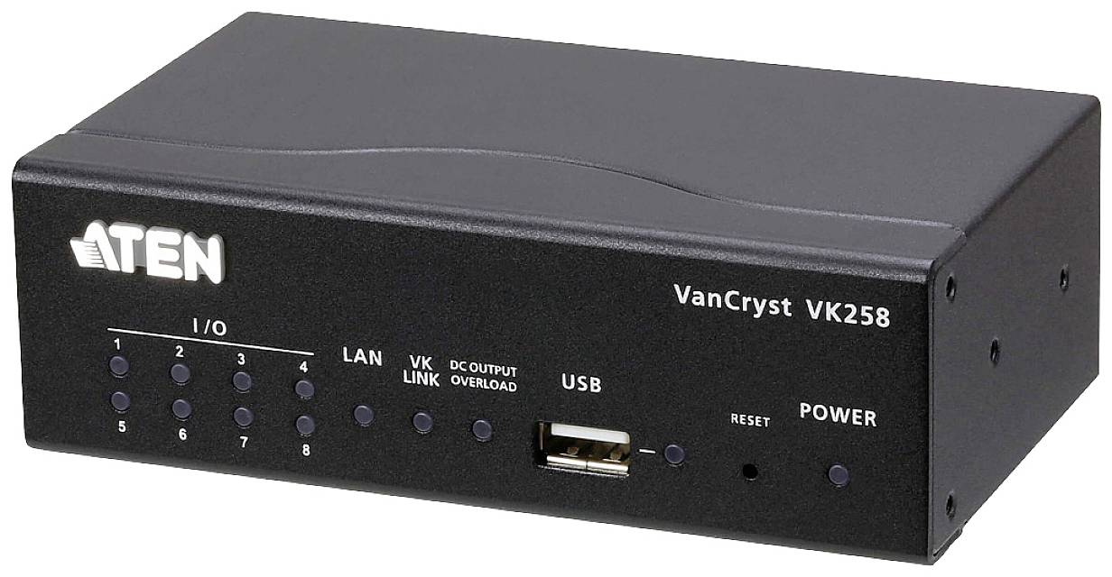 'ATEN VanCryst VK258' styrenhet med flera I/O-anslutningar som LAN och USB. Frontvy visar kontrollampor och strömknapp.