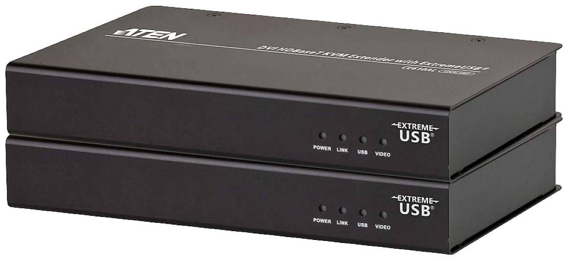Två svarta enheter märkta 'ATEN' och 'Extreme USB', som sannolikt används för USB-förlängning.