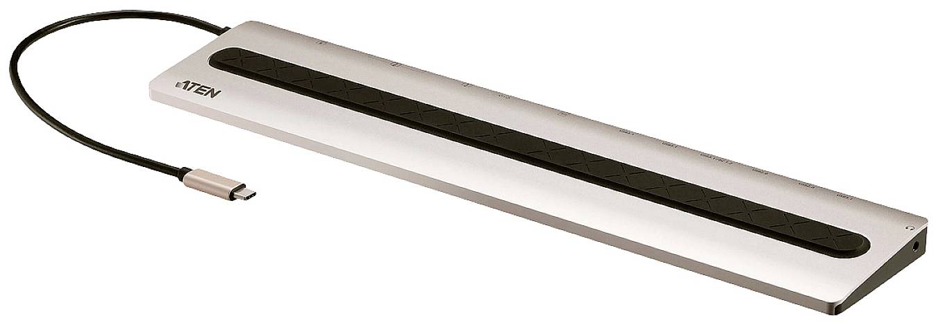 En silver, rektangulär USB-C-dockningsstation med ett svart band i mitten och en kabel fäst till vänster.