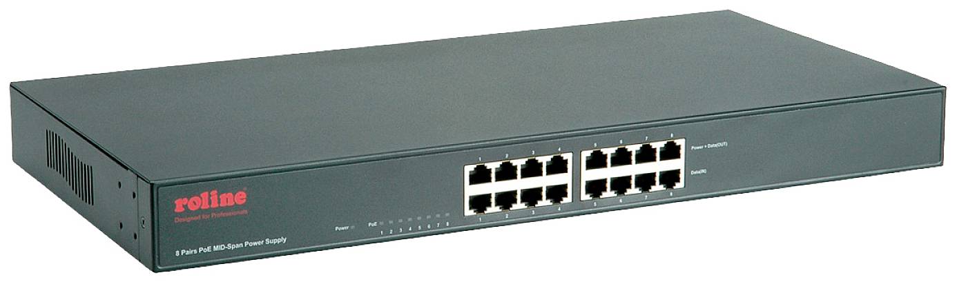 En svart nätverksswitch med 16 Ethernet-portar, lämplig för anslutning av flera enheter i ett lokalt nätverk.