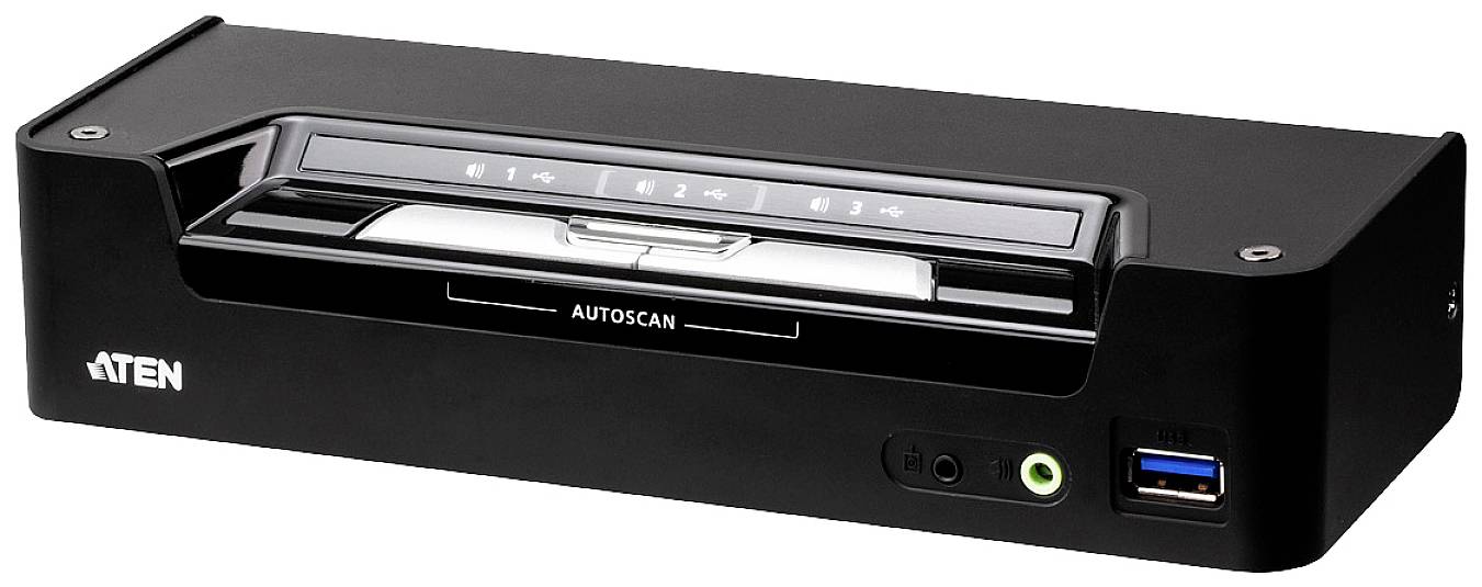 En svart KVM-switch med flera anslutningar och manöverpanel på framsidan; lämplig för hantering av flera datorer.
