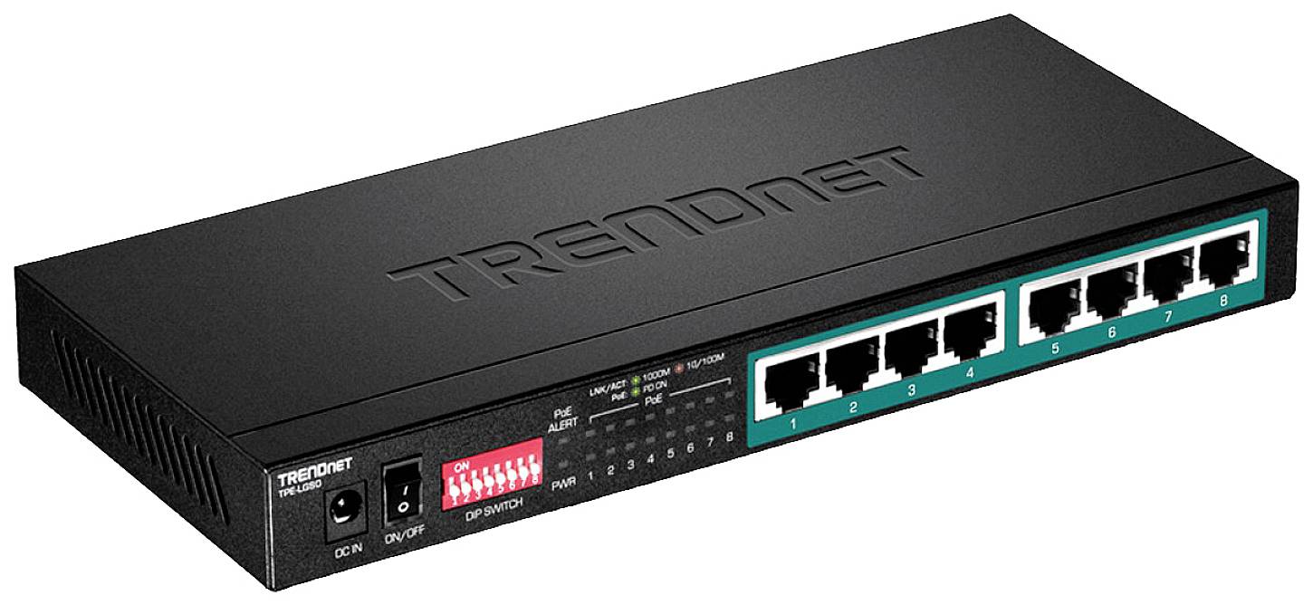 En svart nätverksswitch med åtta Ethernet-portar, nätströmbrytare och statusindikerings-LED:er på framsidan.