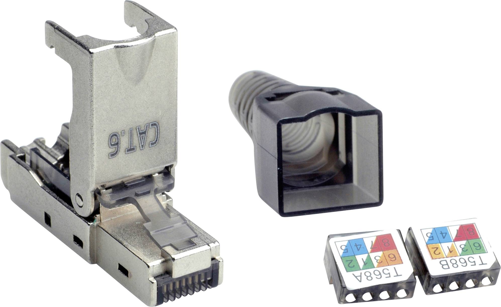 Metalliskt blankt RJ45-kontakt (CAT 6) för Ethernet-kabel bredvid plasthuv och märkningsdetaljer med färgkoder.