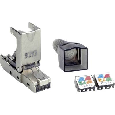 Metalliskt blankt RJ45-kontakt (CAT 6) för Ethernet-kabel bredvid plasthuv och märkningsdetaljer med färgkoder.