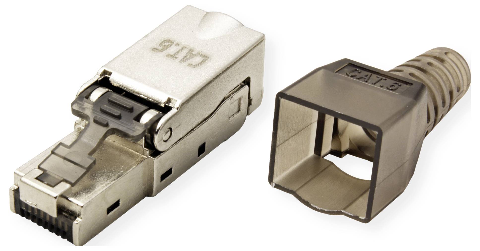 Nätverksanslutning och lock av typ CAT.6. Kontakten är gjord av metall, locket av plast. Används för att skapa Ethernet-anslutningar.