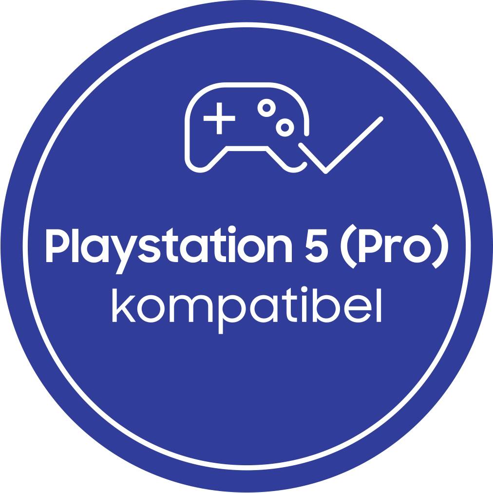 En blå cirkel med en kontrollerikon och texten 'Playstation 5 (Pro) kompatibel'.