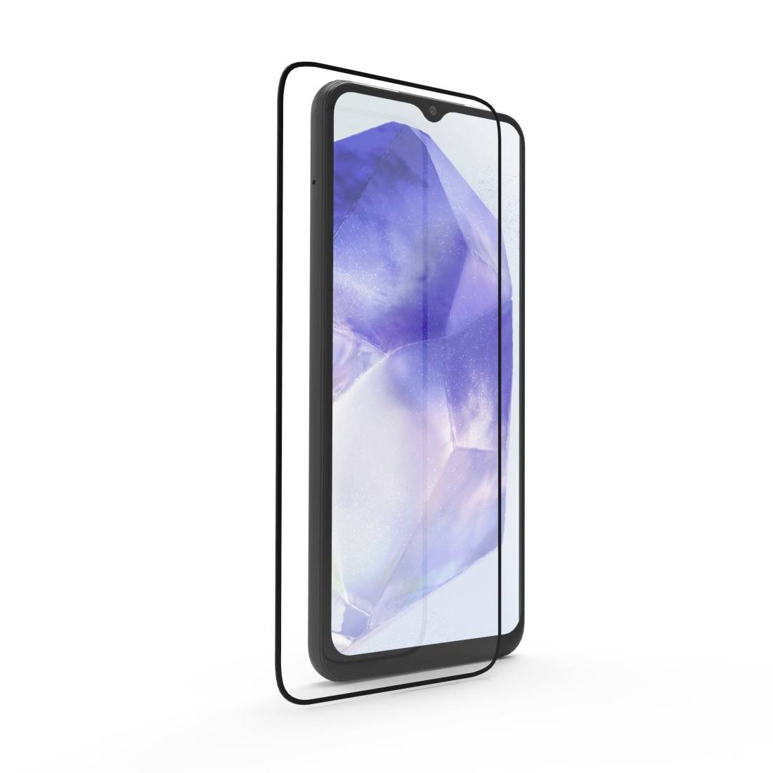 En modern smartphone med en svart ram och en skärm som visar en blå-violett geometrisk bakgrund.
