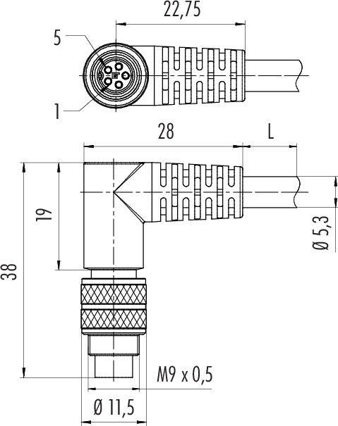 Teknisk ritning av en rektangulär kontakt med mått i millimeter. Visar diameter, längd och gänginformation.