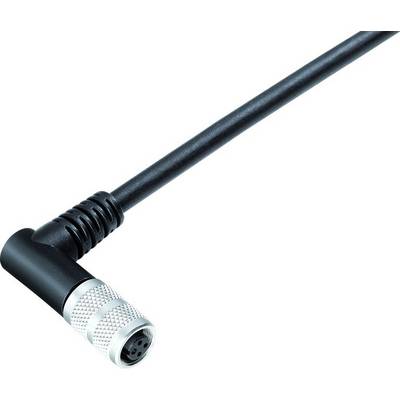 En vinklig kontakt med kabel, lämplig för elektriska anslutningar. Kontakten har ett svart hölje och en silverfärgad anslutning.
