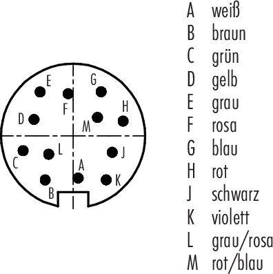 Kontaktdonets stiftindelning i cirkelform. Stift A-M är markerade: A = vit, B = brun, C = grön, D = gul, E = grå, F = rosa, G = blå, H = röd, I = svart, J = violett, K = grå/rosa, L = röd/blå.