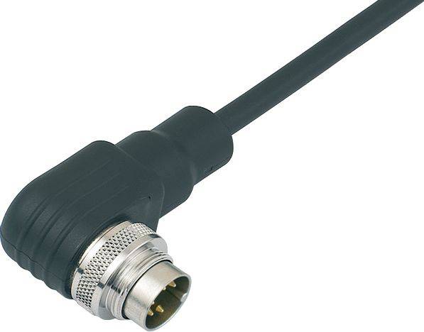 Svart kabel med en metallkontakt vid en rät vinkel, lämplig för industriella eller elektroniska anslutningar.