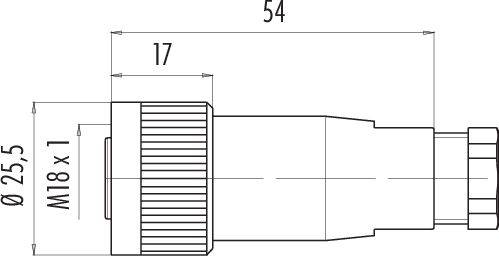 Teknisk ritning av en cylindrisk kontakt med gängor. Huvudmått: Diameter 25,5 mm, längd 54 mm, gänga M18 x 1.