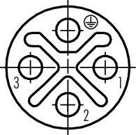 Elektriskt kretsschema som visar ledningsbanor i ett cirkulärt layout, numrerade från 1 till 3 med jordningssymbol.