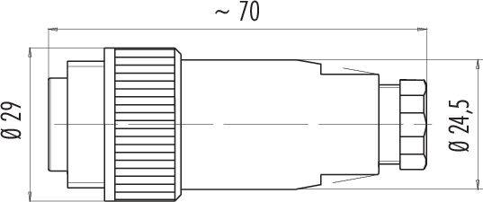 Teknisk ritning av en cylindrisk kontakt med en diameter på 29 mm, längd på cirka 70 mm och detaljmått på 24,5 mm.