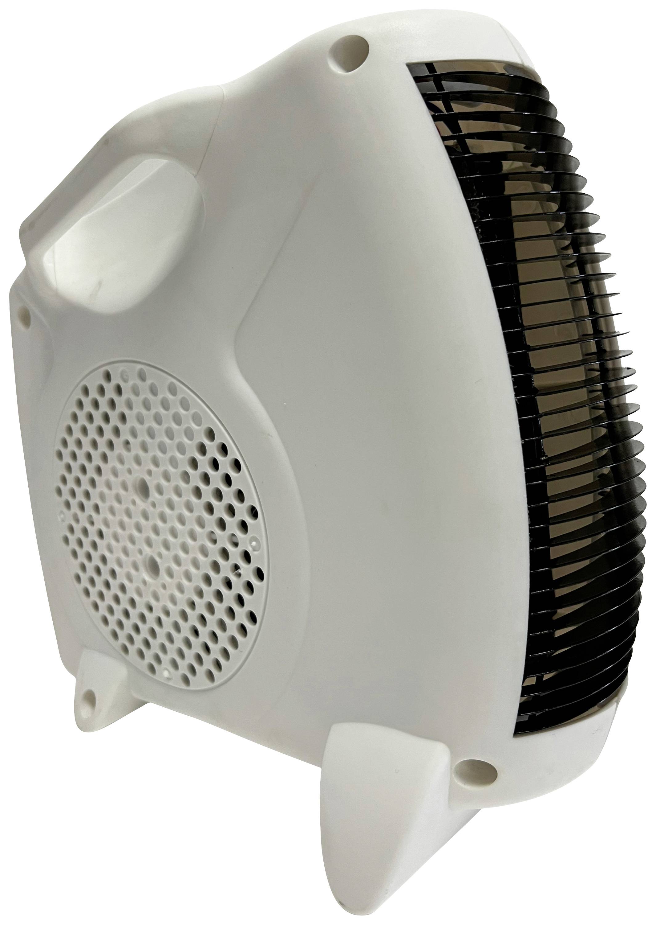 En vit bärbar fläktvärmare med ventilationsgaller på framsidan och ett bärhandtag ovanpå, står upprätt på golvet.