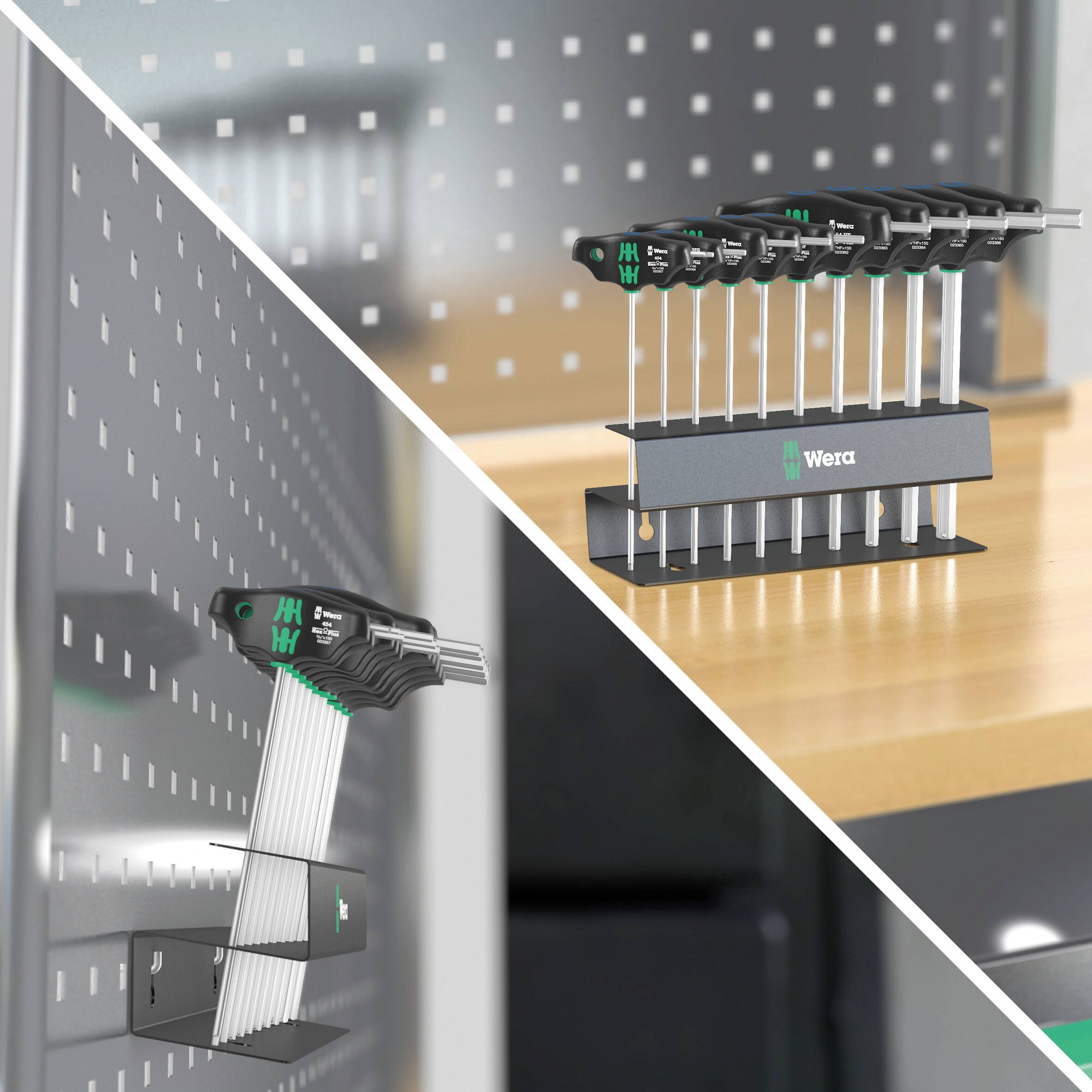 L-formad insexnyckel med hållare på perforerad vägg. Praktisk förvaringslösning för verktyg i verkstadsmiljö.