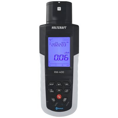 Ett handhållet strålningsmätinstrument med displayvisning '0.02 µSv/h'. Överst står 'VOLTCRAFT RM-400'.
