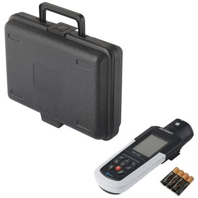 Digitalt luxmeter med display, knappstyrd manöverpanel och batterier bredvid ett svart bärfodral för ljusmätning.