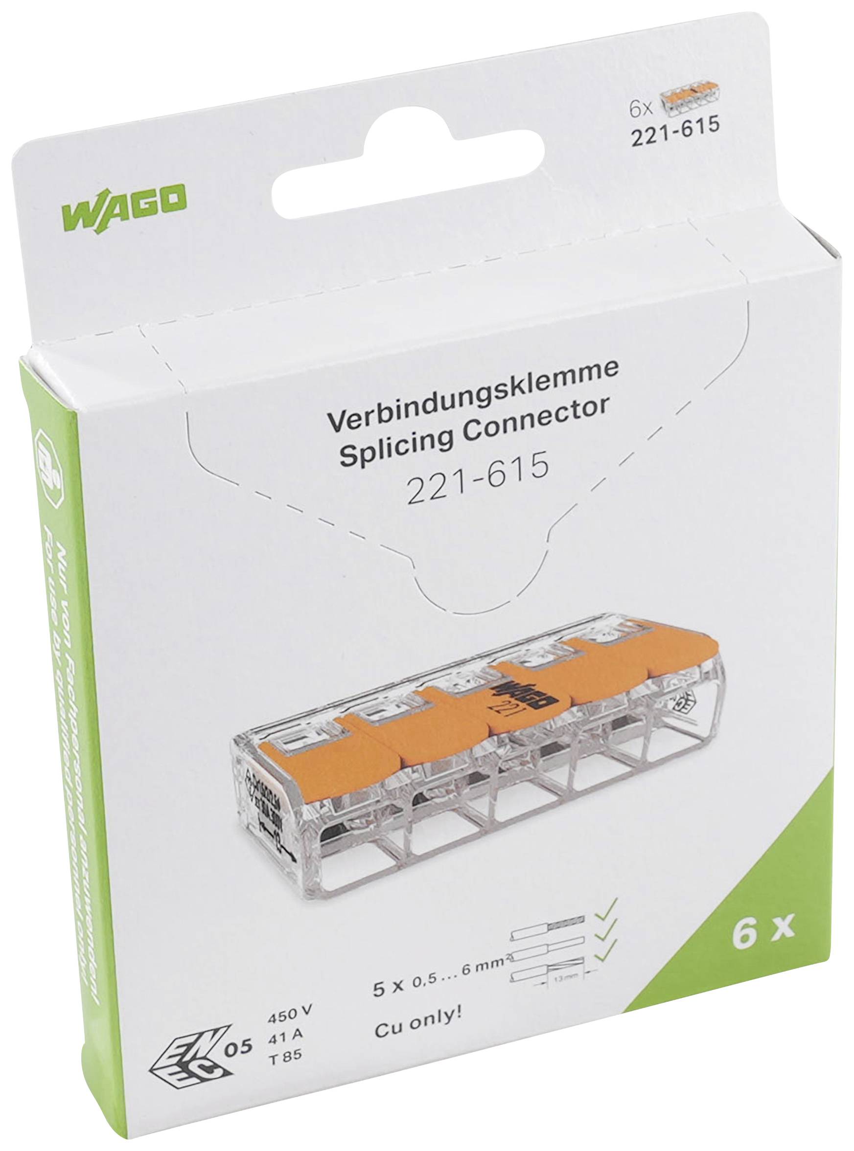 Förpackning för en kopplings- eller kontaktklämmma från WAGO, modell 221-615. Visar en transparent produktbild med orangefärgade spärrar. Innehåller specifikationer och kapaciteter.
