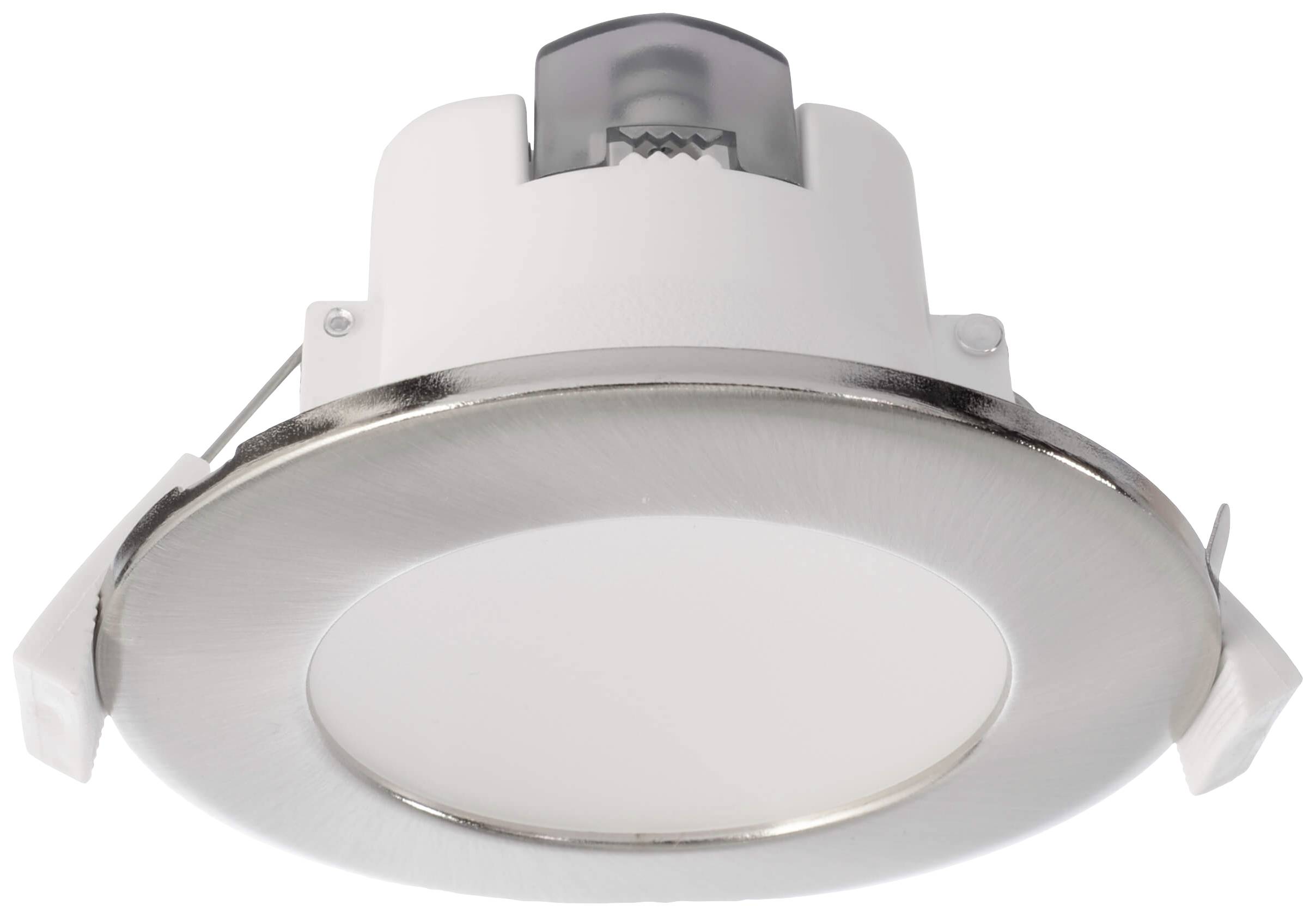 En LED-downlight med rund metallram och vit täckskärm.