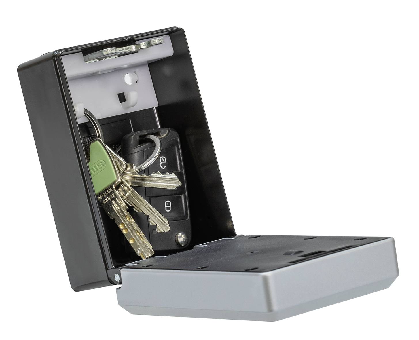 Metallisk nyckelbox med öppet lock, visar flera nycklar, däribland en grön nyckel.