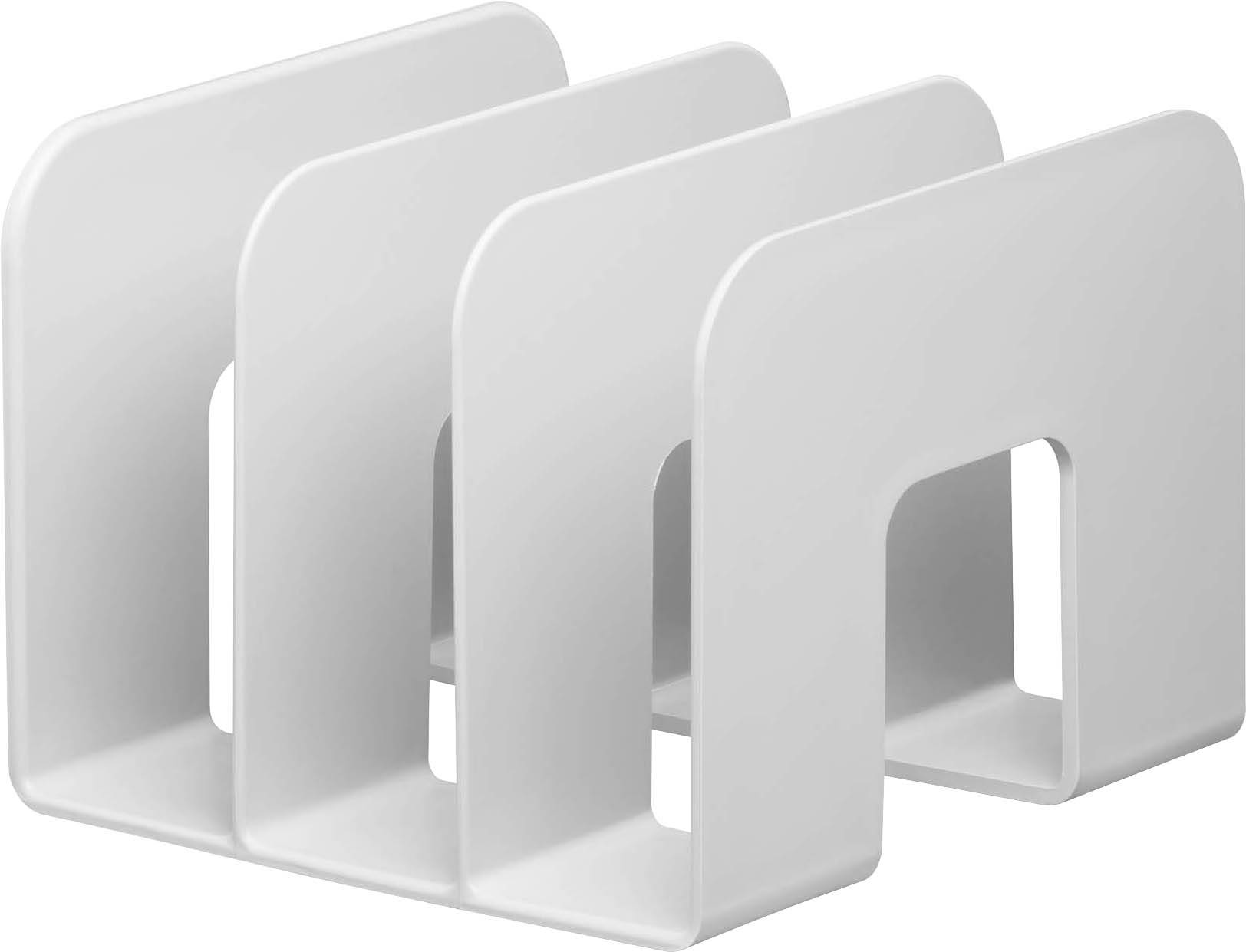 En vit, trefaldig brevställning av plast med böljande design för att organisera brev eller dokument.