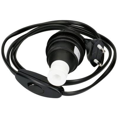 En svart nätskabel med kontakt, strömbrytare och vit sockeladapter för belysning.