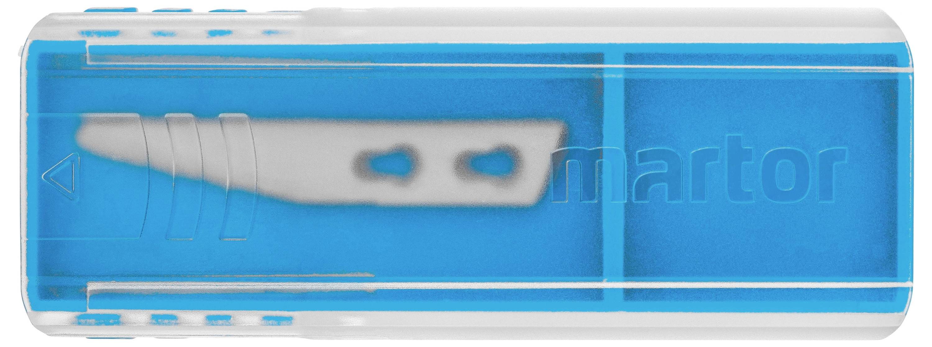Blå klingdistributör med transparent hölje, visar ett enskilt blad i ett fack.