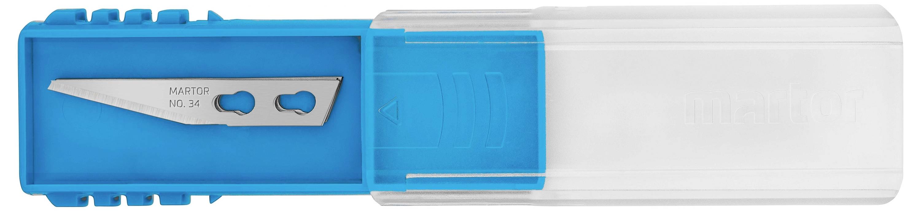 Blå plastlåda med vass metallklinga, rektangulär form, delvis genomskinligt lock, med två handtag för säker förvaring.