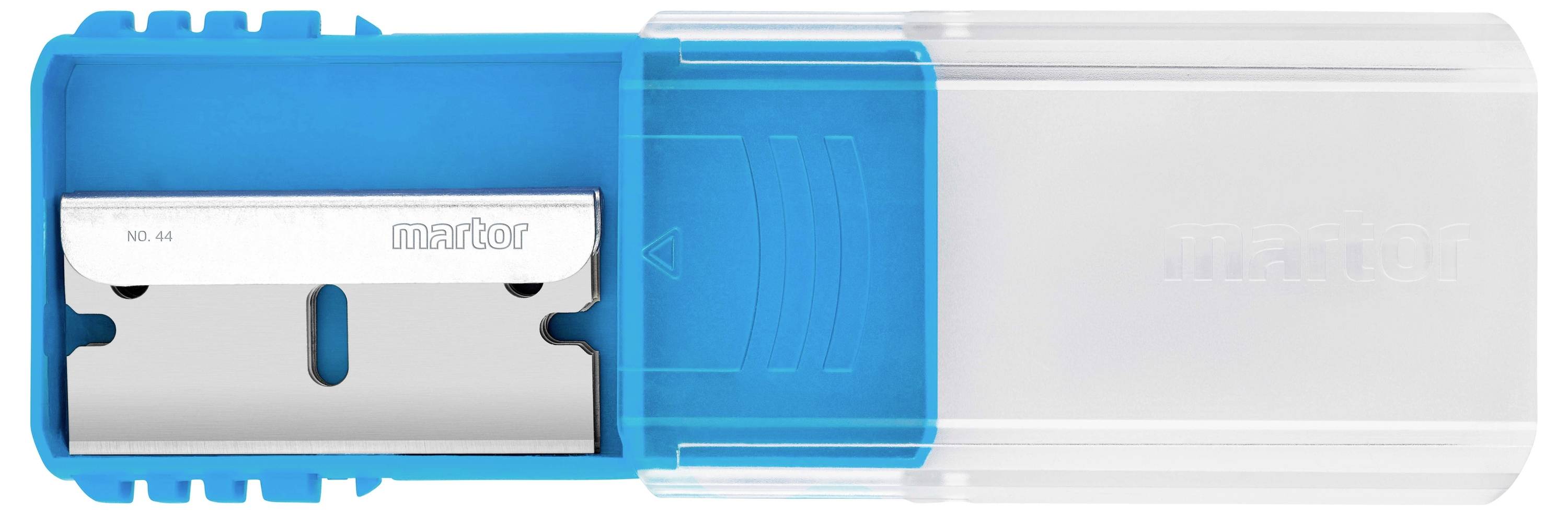 En blå säkerhetsrakbladsdispenser med ett invändigt silverfärgat blad.