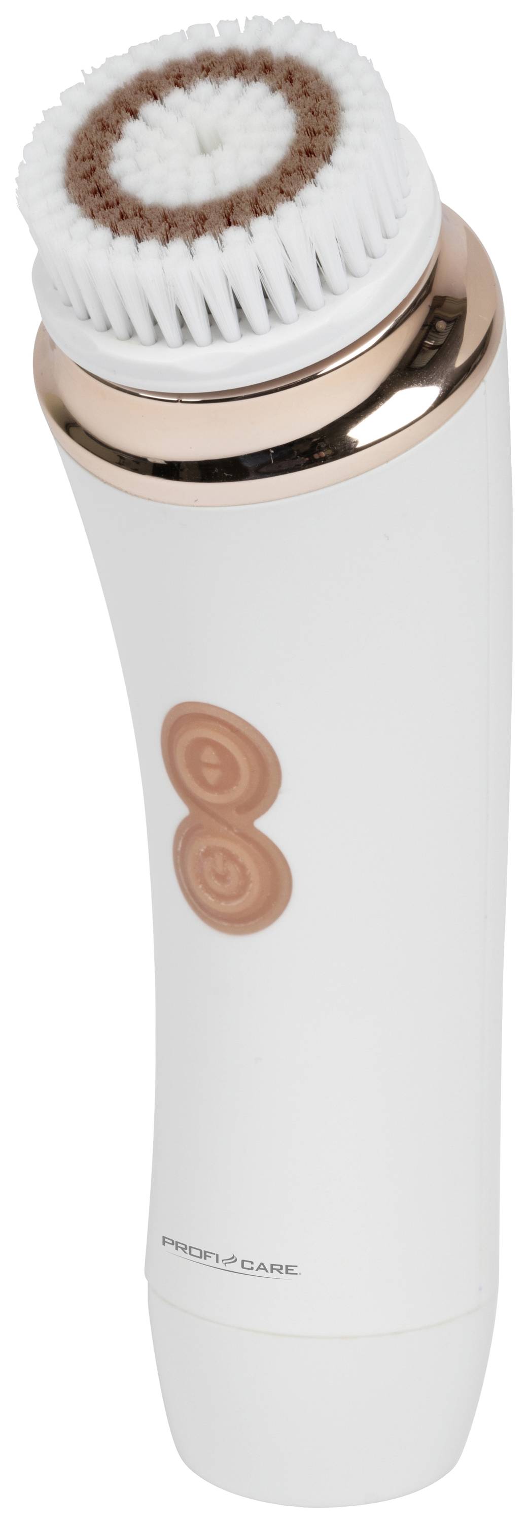 En elektrisk ansiktsrengöringsapparat med vitt borshuvud och roséguld accent. Perfekt för daglig hudvård.