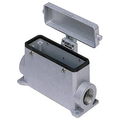 Metallkontaktdonshölje med öppen lock, rektangulär form, skruvhålen för fästning är tydligt synliga.
