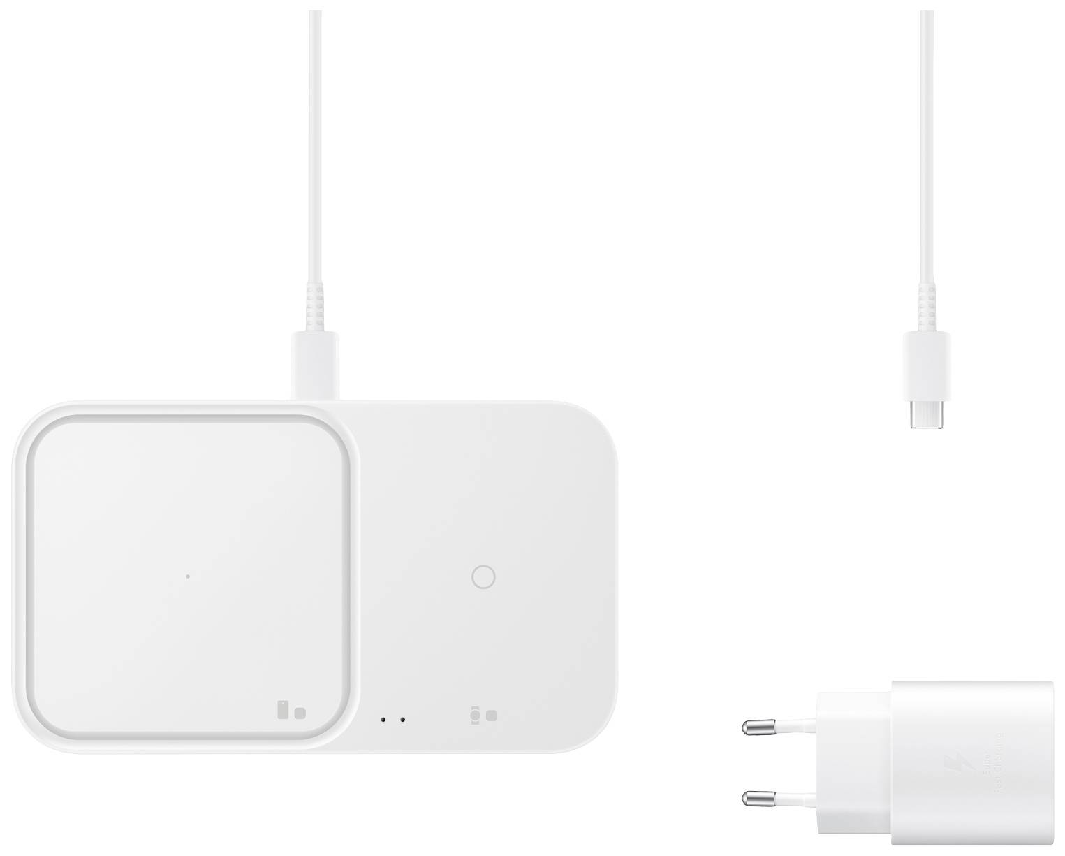Vitt trådlöst laddningsställ med kabel och kontakt. Huvudplatta till vänster, modulär expansion till höger. Minimalistisk design.
