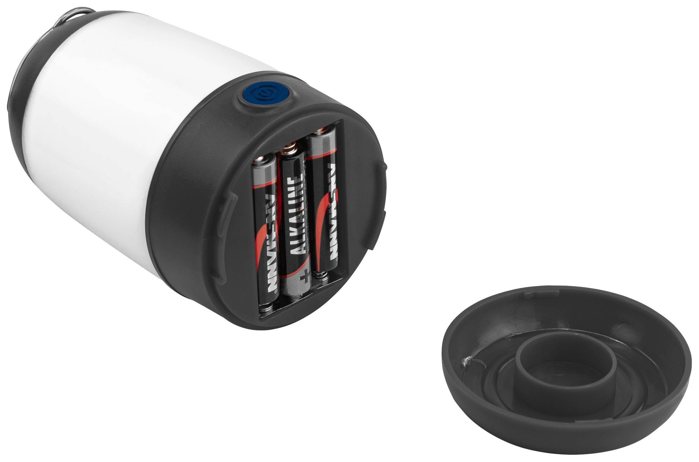 Isolerad vattenflaska med avtaget lock, visar batterifacket. Tre AA-batterier isatta, vilket tyder på elektrisk funktion.
