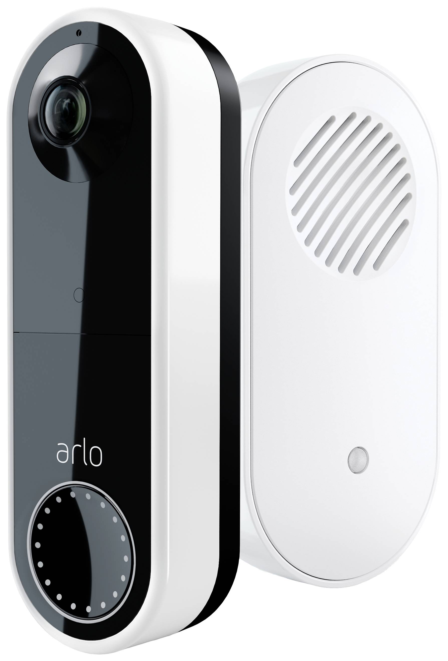 En modern video-dörrklocka med kamera och högtalare. Till vänster syns kameran, till höger högtalaren.