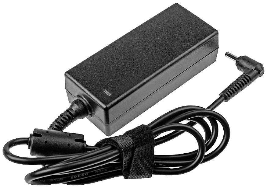 Ett rektangulärt svart laptopladdare med en kabel ansluten till den, lindad med kardborreband.