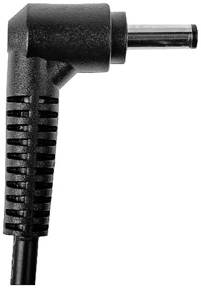 En svart, vinklad likströmscontakt pekar åt höger. Kontakten är ansluten till en kabel som leder nedåt.