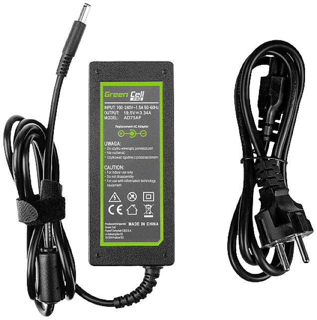 Nätadapter med kabel till en anslutning. Etiketten visar ingångs- och utgångsspänning samt varningsmeddelanden.