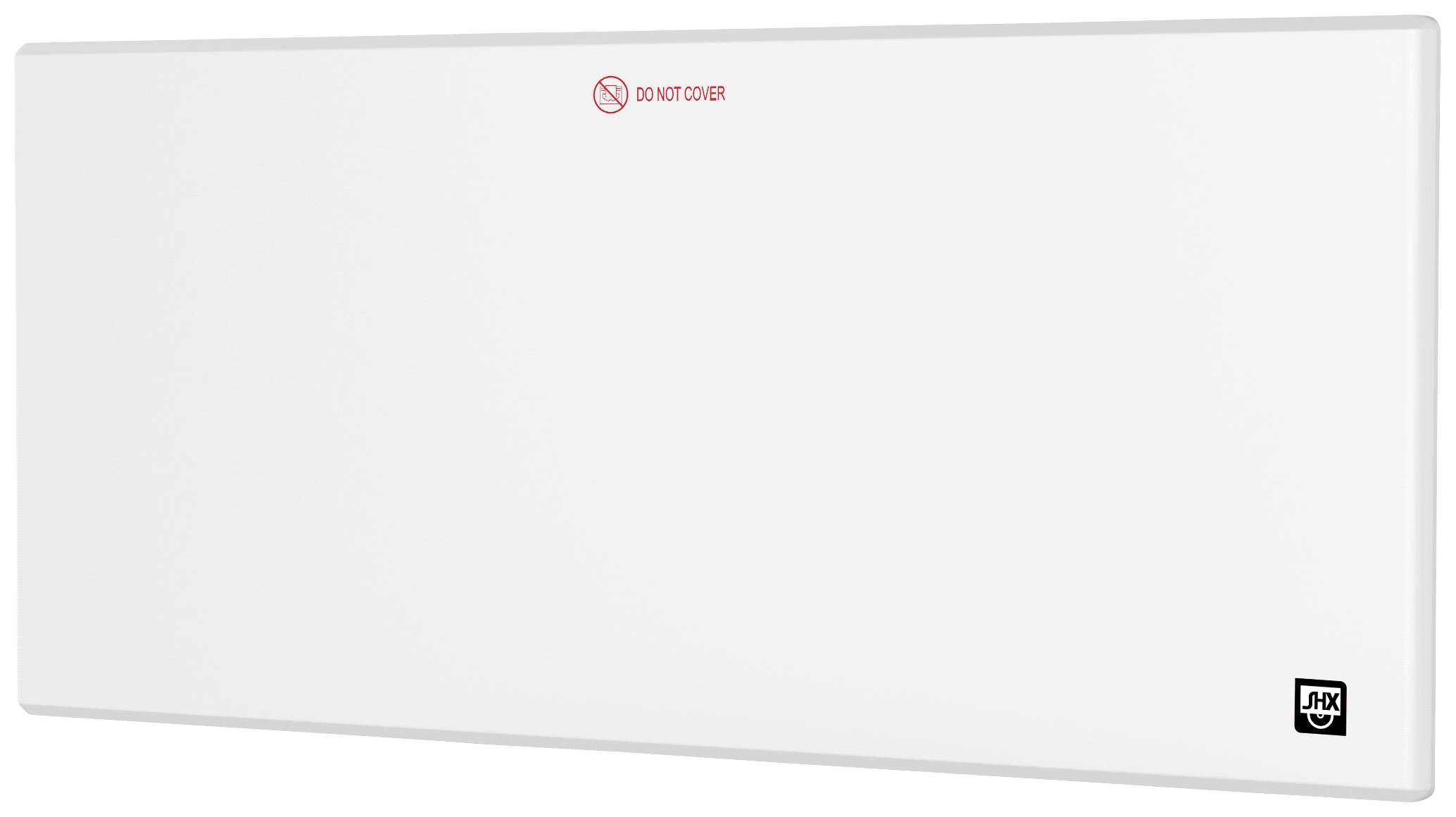 En rektangulär, vit radiator med en liten logotyp längst ner till höger och texten 'DO NOT COVER' i rött överst.