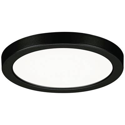 Svart rund taklampa med enkelt, modernt design. Den har en slät yta och jämn ljusfördelning.